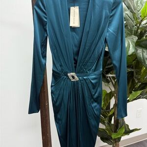 Alexander McQueen Teal Long Sleeve Dress with Embellished Buckle